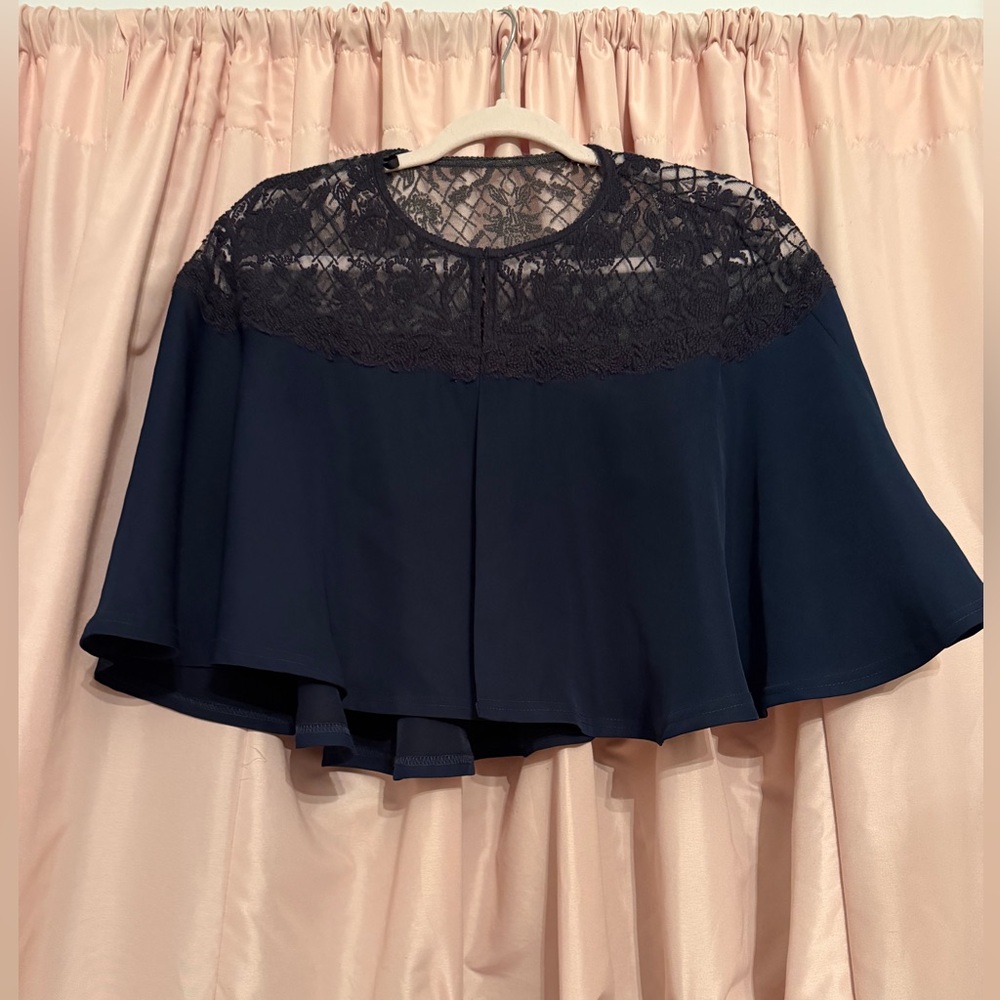 Tadashi shoji capelet short cape navy dark blue with lace XL x large
